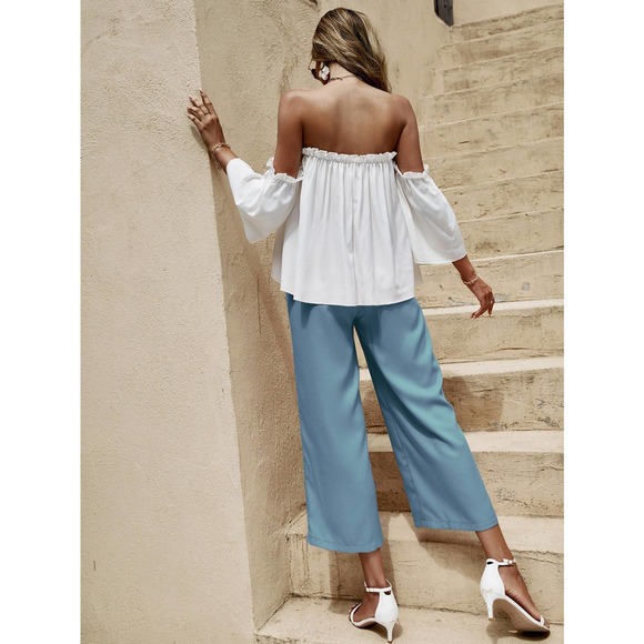 2 piece set: boho Off The Shoulder Frill Trim crop Top & wide leg pants blue - Picture 2 of 11